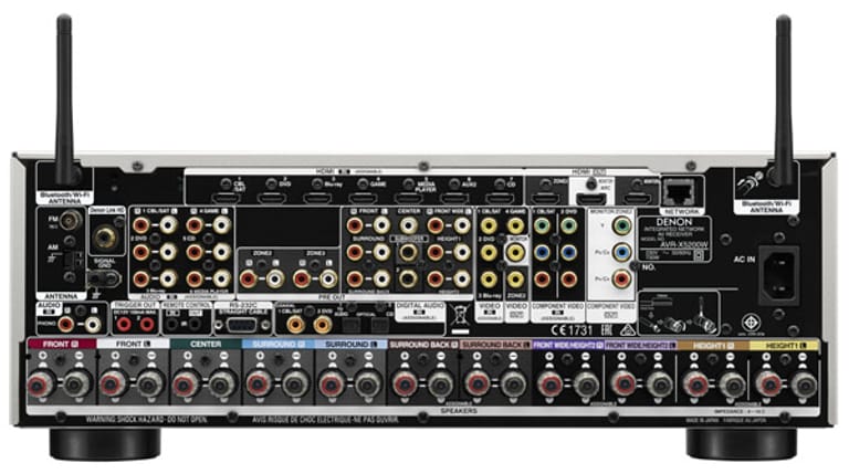 Die Rückseite des AVR-X5200W sieht aus wie der Profi-Mixer beim Rockkonzert. Antennen sorgen für Top-Übertagungsleistung bei WLAN und Bluetooth.