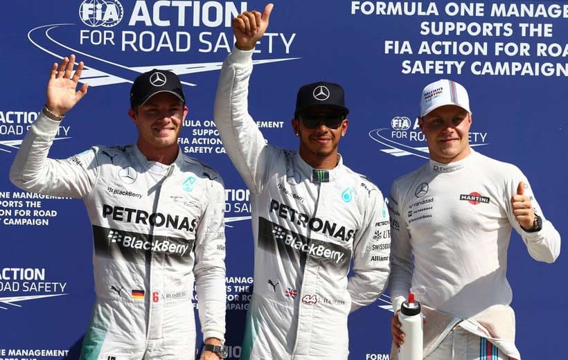 Beim Qualifying hat Rosberg (li.) erneut das Nachsehen. Hamilton (Mi.) schnappt sich die Pole Position. Dritter wird Williams-Pilot Valtteri Bottas.