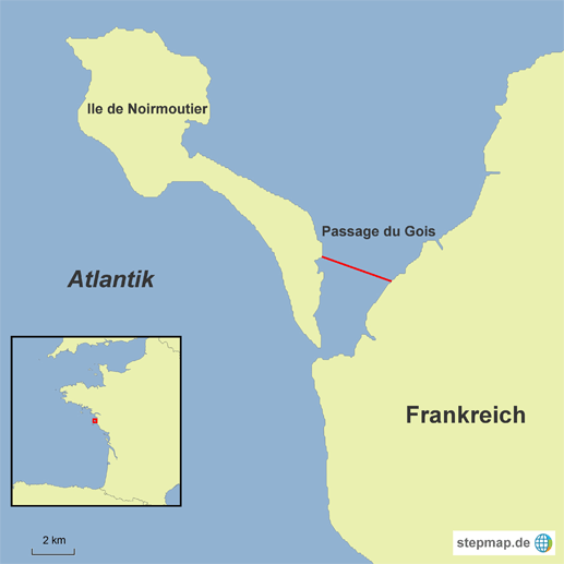 Über die Passage du Gois gelangen Besucher zur französischen Atlantikinsel Ile de Noirmoutier, deren Großteil der Fläche unter dem Meeresspiegel liegt.