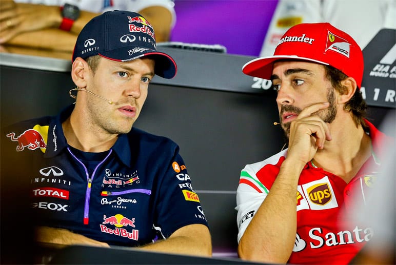 Nachdenkliche Gesichter bei Sebastian Vettel (li.) und Fernando Alonso: Der schlimme Unfall von Jules Bianchi in Japan drückt bei allen Fahrern auf die Stimmung.