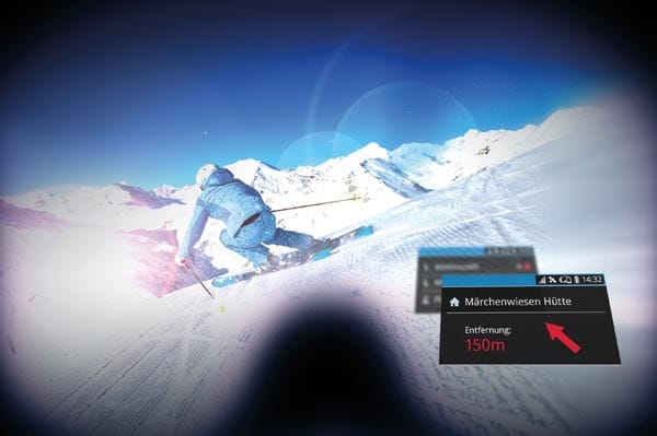 Der Nutzer der Oakley Airwave kann sich jede Menge Infos ins Head-up-Display einspiegeln lassen. Besonders praktisch: Die Navigation in ausgewählten Skigebieten.