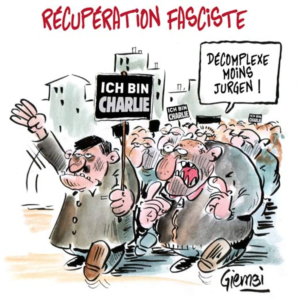 Eine Karikatur des französisch-burkinischen Künstlers Jean-Marc Couchet (alias Giemsi) mit dem Titel "Récupération Fasciste" ("Vereinnahmung durch Rechtsextreme") und der Sprechblase "Décomplexe moins Jurgen" ("Halt' dich etwas zurück, Jürgen") ist Teil einer Aktion von französischen und frankophonen Karikaturisten, die sich gegen die islamfeindliche Bewegung Pegida stellen.