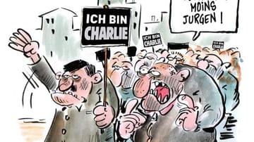 Eine Karikatur des französisch-burkinischen Künstlers Jean-Marc Couchet (alias Giemsi) mit dem Titel "Récupération Fasciste" ("Vereinnahmung durch Rechtsextreme") und der Sprechblase "Décomplexe moins Jurgen" ("Halt' dich etwas zurück, Jürgen") ist Teil einer Aktion von französischen und frankophonen Karikaturisten, die sich gegen die islamfeindliche Bewegung Pegida stellen.