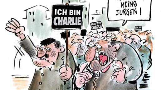 Eine Karikatur des französisch-burkinischen Künstlers Jean-Marc Couchet (alias Giemsi) mit dem Titel "Récupération Fasciste" ("Vereinnahmung durch Rechtsextreme") und der Sprechblase "Décomplexe moins Jurgen" ("Halt' dich etwas zurück, Jürgen") ist Teil einer Aktion von französischen und frankophonen Karikaturisten, die sich gegen die islamfeindliche Bewegung Pegida stellen.