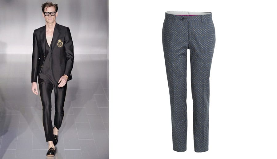 Slim Fit Hosen: Für alle, die es tragen können, bleiben schmale Hosen wie bei Gucci in diesem Frühjahr angesagt. Edle Prints bietet Etro (für 365 Euro über stylebop.com).