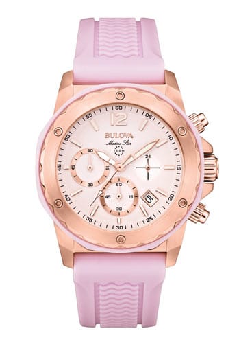 Pastelltöne und Roségold sind 2015 die farblichen Must haves. Mit Uhren im Material-Mix lassen sich beide Trends vereinen. (von Bulova)