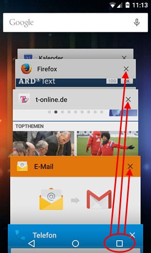 Um eine App nachträglich zu beenden, ist es auch möglich, sie aus der Übersicht aller zuletzt benutzten Apps (siehe Abbildung) zu wischen.