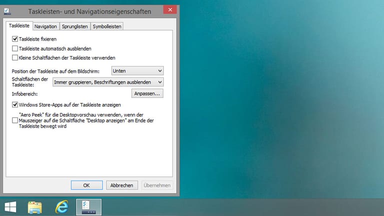 Windows 8 hat in den Taskleisten-Eigenschaft die zwei neuen Reiter "Navigation" und "Sprunglisten".