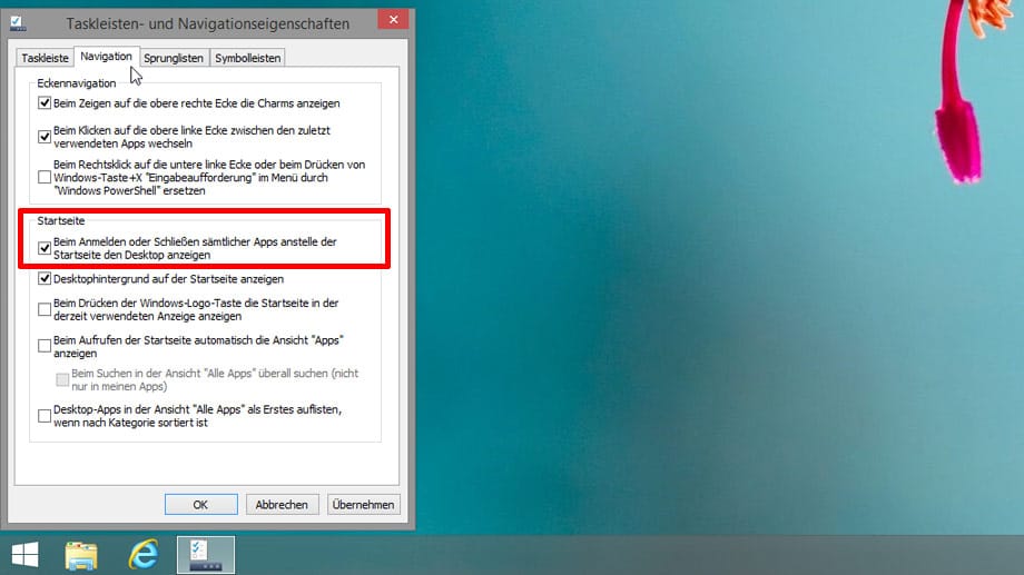 Da Windows-8-Nutzer ohne Startmenü auskommen müssen, bietet der Karteireiter "Navigation" zusätzliche Möglichkeiten.