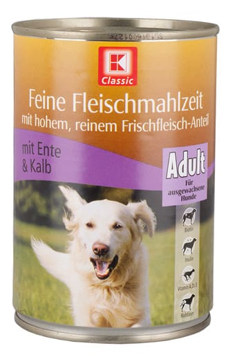Top-Qualität liefert "K-Classic Feine Fleischmahlzeit mit Ende Kalb" von Kaufland (0,98 EUR). Das Futter ist das preisgünstigste im Test und versorgt den Hund ausgewogen mit allen lebensnotwendigen Nährstoffen. Dafür gab es ein "Sehr gut" (1,4).