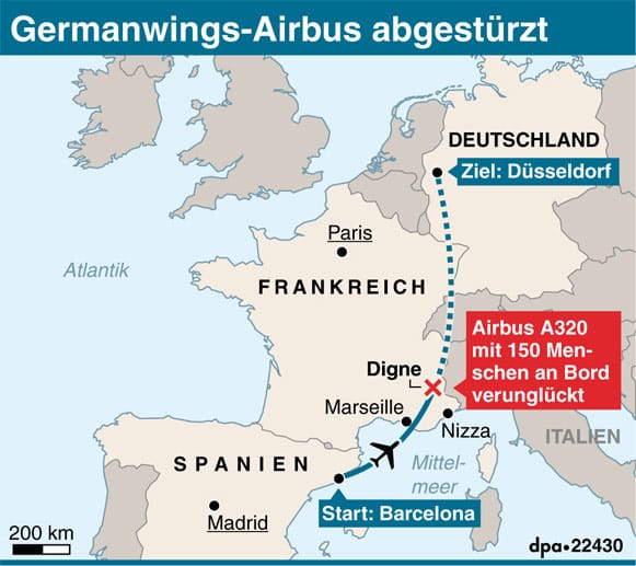Der Airbus A320 war auf dem Weg von Barcelona nach Düsseldorf. Kurz nach Erreichen der Reiseflughöhe geht die Maschine in einen Sinkflug und stürzt in den französischen Alpen ab.