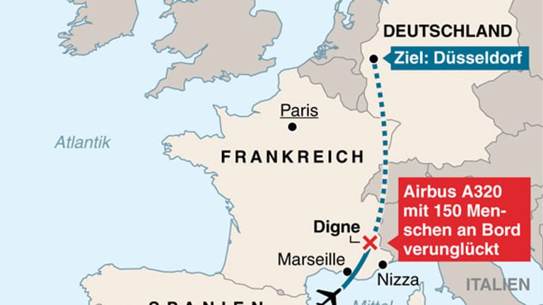 Der Airbus A320 war auf dem Weg von Barcelona nach Düsseldorf. Kurz nach Erreichen der Reiseflughöhe geht die Maschine in einen Sinkflug und stürzt in den französischen Alpen ab.