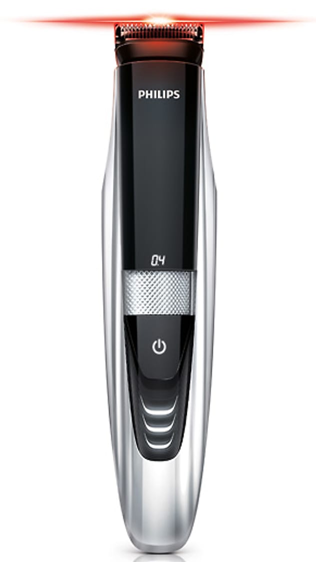 Sieht schon beinahe futuristisch aus: Der "Beardtrimmer series 9000" von Philips ist laut Hersteller der einzige Bartschneider mit Laser. Dieser projiziert eine klare Linie auf Ihre Haut, damit Sie den Stil vor dem Trimmen festlegen können. Das Modell kostet 129,99 Euro.
