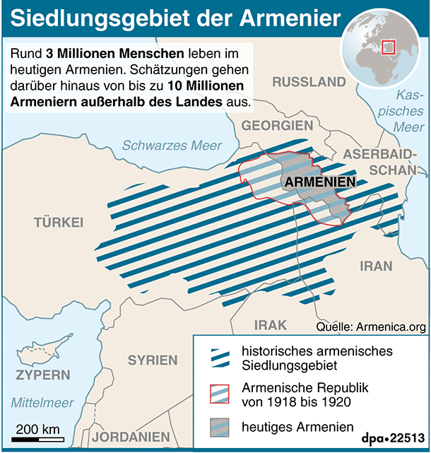 Die Karte zeigt die Entwicklung des armenischen Siedlungsgebiets.