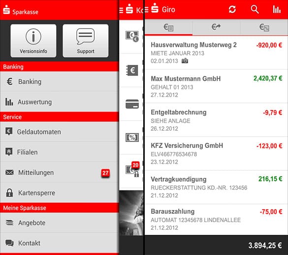 Die Banking-Apps Sparkasse (0,00 Euro/nur für Sparkasse) und Sparkasse+ (0,99 Euro/auch Fremdbanken) heimsten ein gutes Ergebnis ein, wobei das Gesamturteil bei der iOS-Version (1,8) noch etwas besser abschnitt als unter Android (2,1).