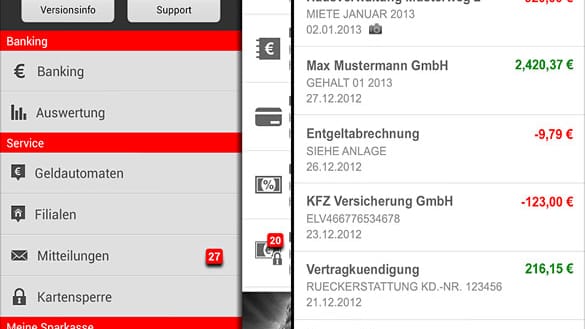 Die Banking-Apps Sparkasse (0,00 Euro/nur für Sparkasse) und Sparkasse+ (0,99 Euro/auch Fremdbanken) heimsten ein gutes Ergebnis ein, wobei das Gesamturteil bei der iOS-Version (1,8) noch etwas besser abschnitt als unter Android (2,1).