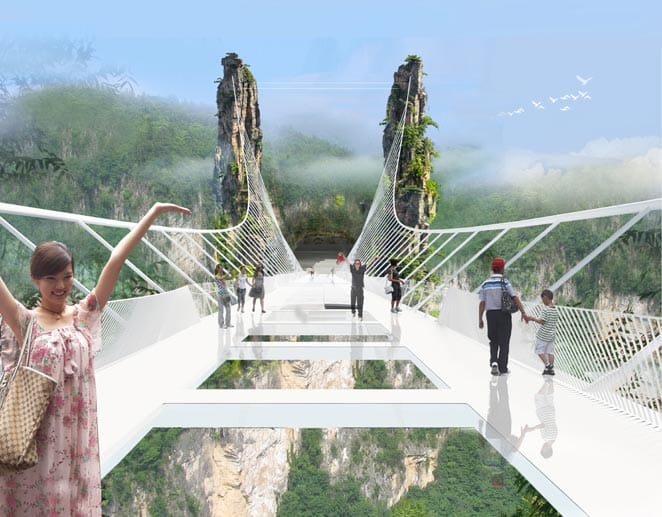 Animation der geplanten "Zhangjiajie Grand Canyon Glass Bridge" in der Provinz Hunan. Es soll die weltweit längste und höchste Brücke ihrer Art werden.