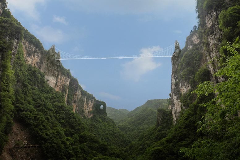 Spinnennetz über der Schlucht: In dieser Animation sieht die neue Glasbodenbrücke über der Zhangjiaji-Schlucht wie eine feine, weiße Linie aus. Der Canyon unter ihr ist 300 Meter tief.