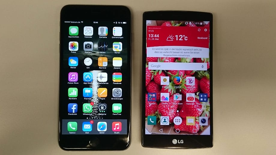 Der Größenvergleich zwischen iPhone 6 Plus (l.) und LG G4
