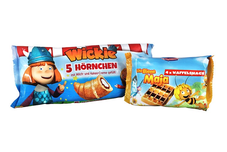 Bei Kuchenmeister werben Wickie und Maja im Doppelpack: für Hörnchen mit 29 Prozent Fett und 23 Prozent Zucker sowie für Waffeln mit 25 Prozent Fett und 32 Prozent Zucker.