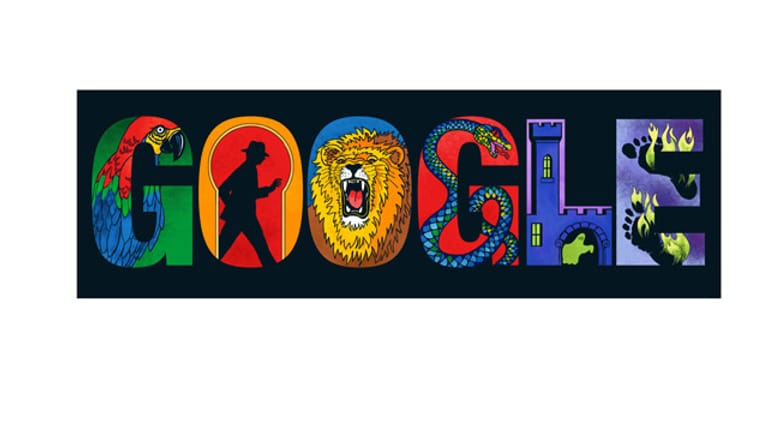 Google Doodle für Aiga Rasch: Google-Schriftzug im Stil von "Die drei ???".