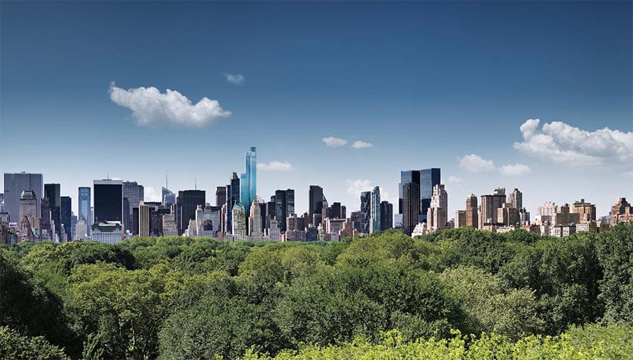 Damit ein Abstecher nach Manhattan. New York gehört zu den teuersten Wohnorten der Welt. Im Bild hellblau der Wohn-Wolkenkratzer One57.