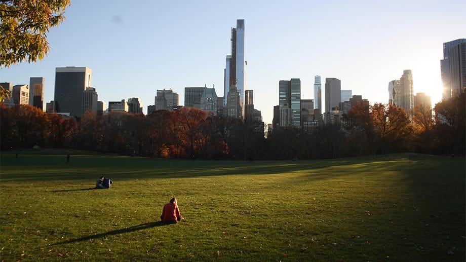 Der Wolkenkratzer ragt majestätisch über dem Central Park in den Himmel von New York.