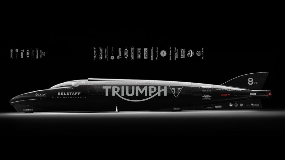 Ein Düsen-Jet? Nein - der rund 7,80 Meter lange Triumph Rocket Streamliner gilt als Motorrad und soll den Motorrad-Geschwindigkeits-Weltrekord von 605,697 km/h knacken.