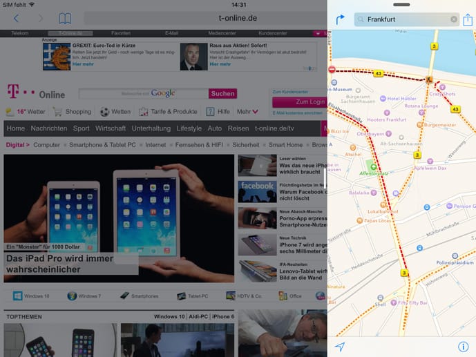 In der Leiste ist die App dann in der Splitscreen-Darstellung von iOS 9 nutzbar.