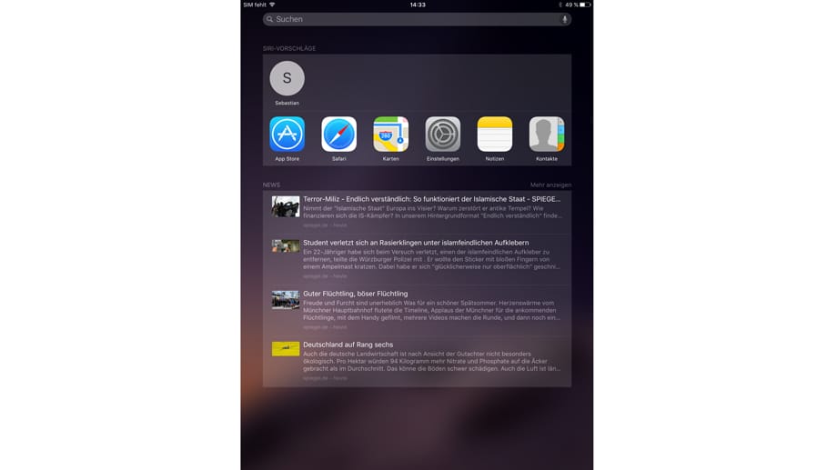 Apple hat in iOS 9 auch die Suche ausgebaut. Sie zeigt jetzt direkt diverse Vorschläge an Infos aber auch die zuletzt benutzten Apps an.