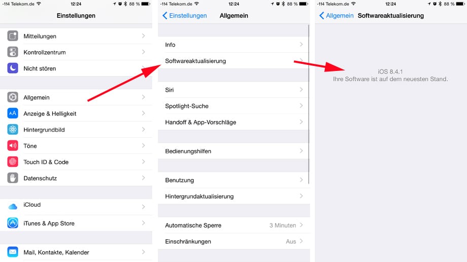 Solle Ihr iPhone oder iPad ihnen das Update auf iOS 9 nicht automatisch anbieten, gelangen Sie über die Einstellungen -> Allgemein -> Softwareaktualisierung an das Update.