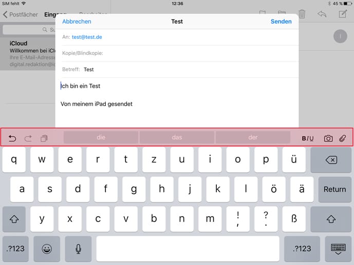 iOS 9 bringt auch bei der Tastatur einige Neuerungen. Über den Buchstabentasten tauchen neben den Wortvorschlägen jetzt auch Schaltflächen zum formatieren und bearbeiten des Textes auf.