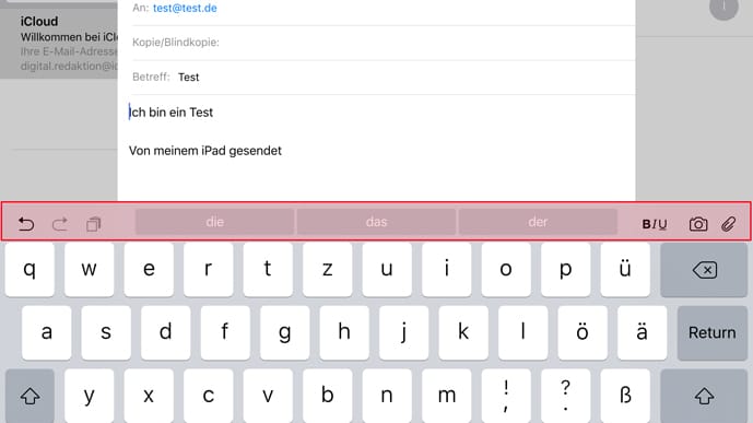 iOS 9 bringt auch bei der Tastatur einige Neuerungen. Über den Buchstabentasten tauchen neben den Wortvorschlägen jetzt auch Schaltflächen zum formatieren und bearbeiten des Textes auf.