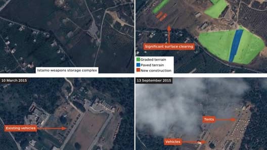 Russlands Armee baut ihre Präsenz im Nordwesten Syriens aus. Im Umland der Hafenstadt Latakia entstehen derzeit offenbar zwei weitere Stützpunkte. Darauf deuten diese Satellitenaufnahmen vom 13. September hin, die von der Militärfachzeitschrift "IHS Jane's" veröffentlicht wurden. Zu sehen sein sollen Zelte und Fahrzeuge.
