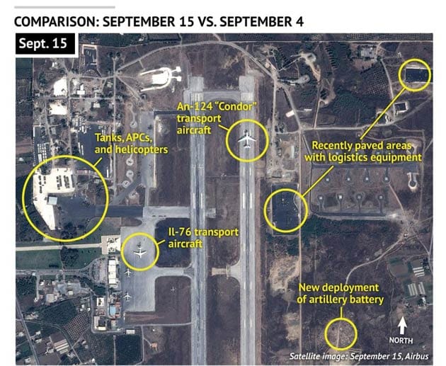 Foto vom 15. September 2015: Elf Tage später haben Experten des amerikanischen Think-Tanks Stratfor neben einer An-124 mit einer IL-76 ein zweites russisches Transportflugzeug identifiziert. Hinzu kommen Panzer (Tanks), Schützenpanzer (APC) und Artillerie-Einheiten.