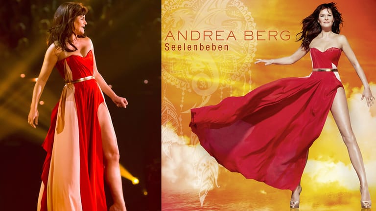 Das gleiche Kleid, die gleiche Frau, doch ein ganz anderer Körper darunter: Andrea Berg beim "Großen Fest der Besten" im Januar 2016 (li.) und auf dem Cover ihres neuen Albums "Seelenbeben". Die Barbie-Proportionen rechts riechen verdächtig nach Photoshop.