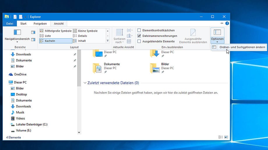 Ordner- und Suchoptionen ändern in Windows 10