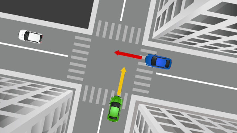Rechts vor links: In dieser Situation muss der Fahrer des grünen Autos, dem blauen Auto Vorrang gewähren, weil das blaue Auto von rechts kommt.