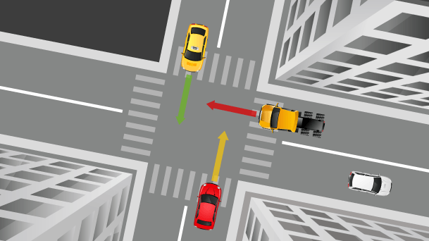 Rechts vor links: Der Fahrer des roten Autos hat signalisiert, dass er warten möchte – das weiße Auto konnte somit losfahren. Nun ist der gelbe Pkw an der Reihe. Er hat keinen rechten Nachbarn mehr und darf die Kreuzung überqueren.