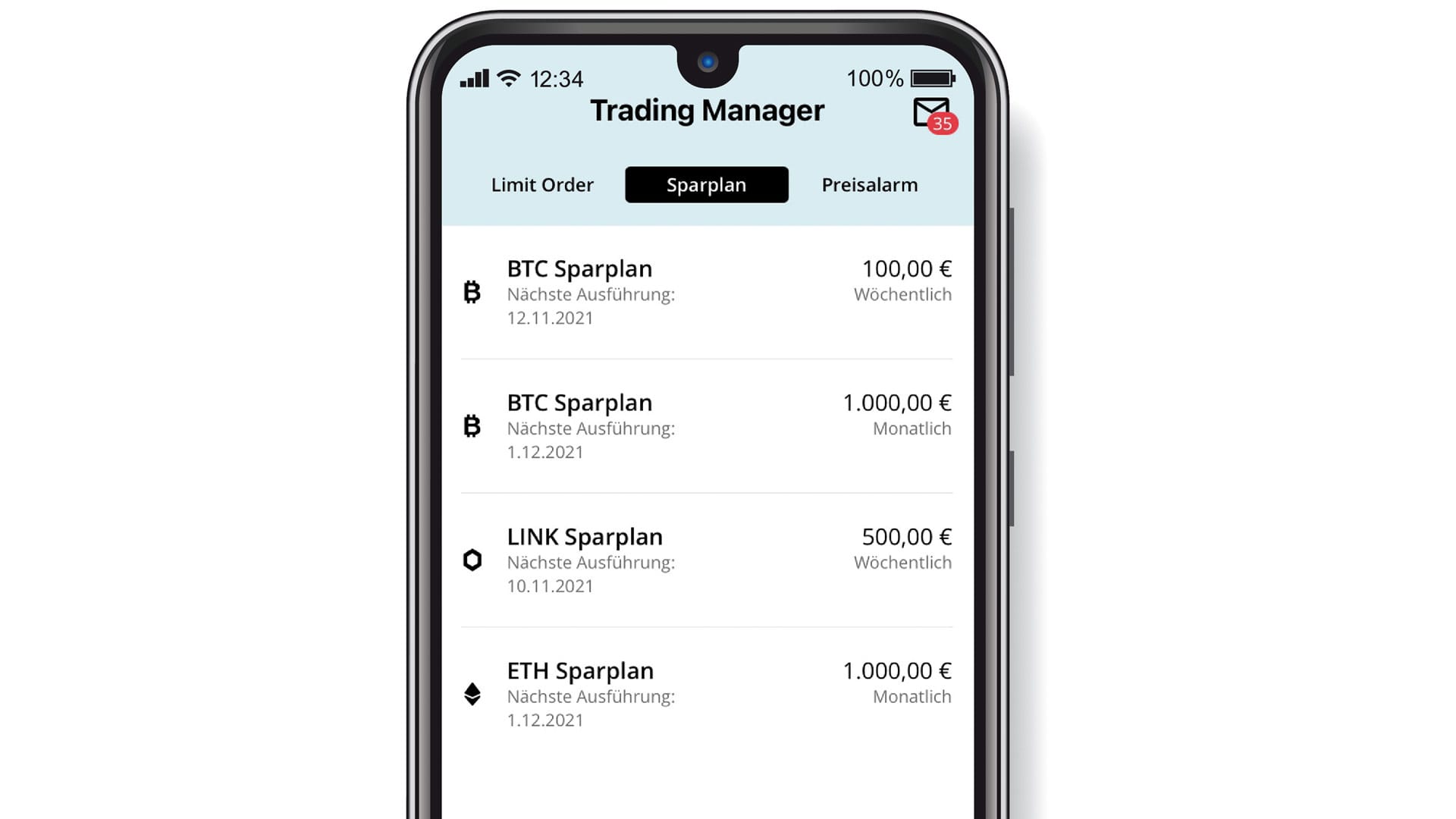 Im Trading Manager in der BISON App haben Sie die volle Übersicht über Ihre bestehenden Sparpläne.