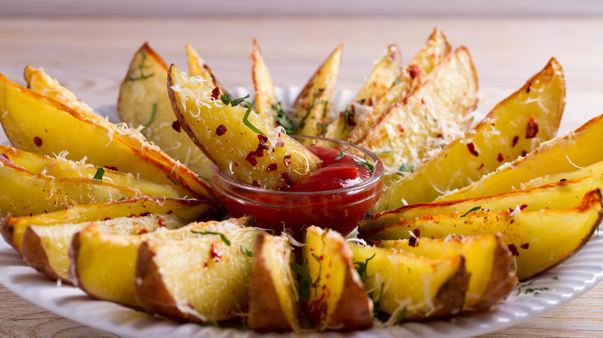 Kartoffel-Ecken mit Ketchup: Potatos schmecken zu fast jedem Dip und sind ein hervorragendes Fingerfood.