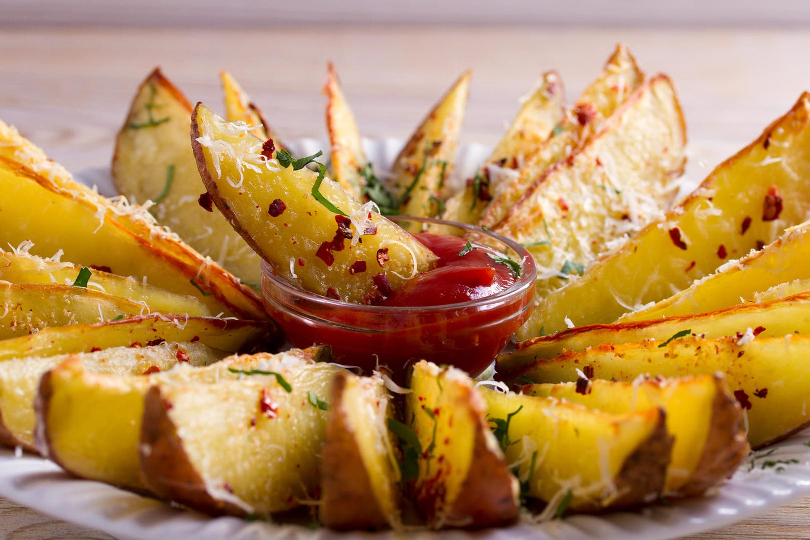 Kartoffel-Ecken mit Ketchup: Potatos schmecken zu fast jedem Dip und sind ein hervorragendes Fingerfood.