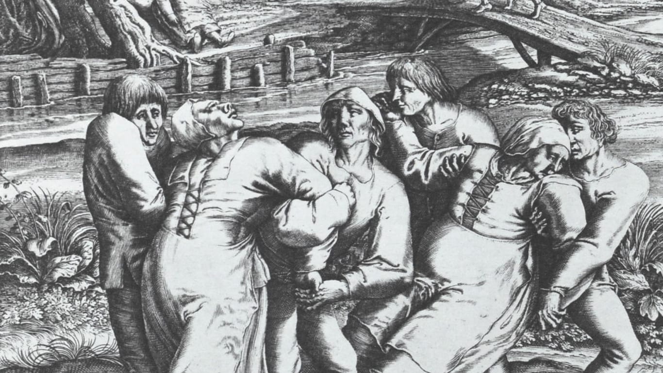 "Tanzsüchtige": Diesen Kupferstich fertigte Hendrik Hondius nach einer Zeichnung des Künstlers Pieter Bruegels dem Älteren (1564). Der Titel lautet: Die Wallfahrt der Fallsüchtigen nach Meulebeeck".