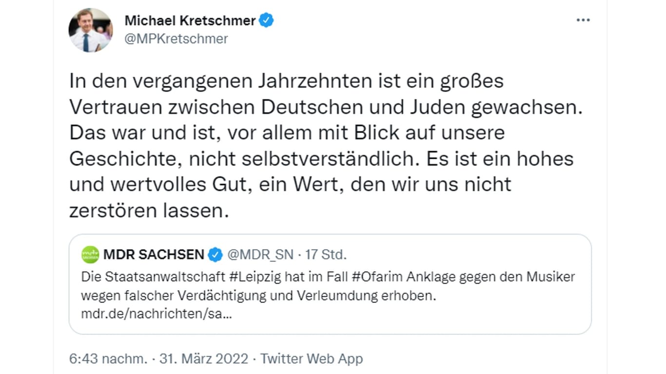 Der Tweet, der die heftigsten Reaktionen hervorrief: Kretschmer unterscheidet darin "zwischen Deutschen und Juden".