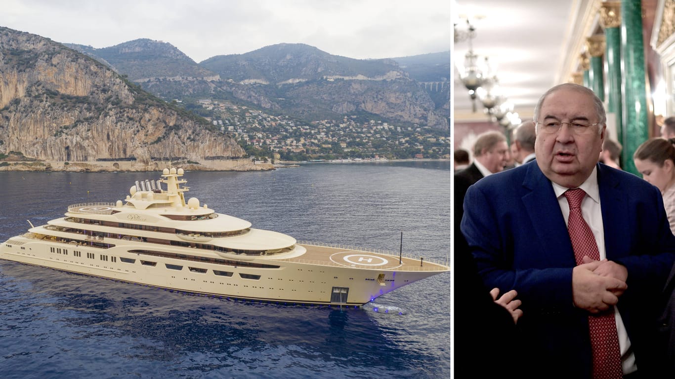 Jacht "Dilbar" und ihr Besitzer Alischer Usmanow (Archivbilder): Das 800 Millionen Euro teure Schiff ist derzeit offenbar nicht fahrbereit.