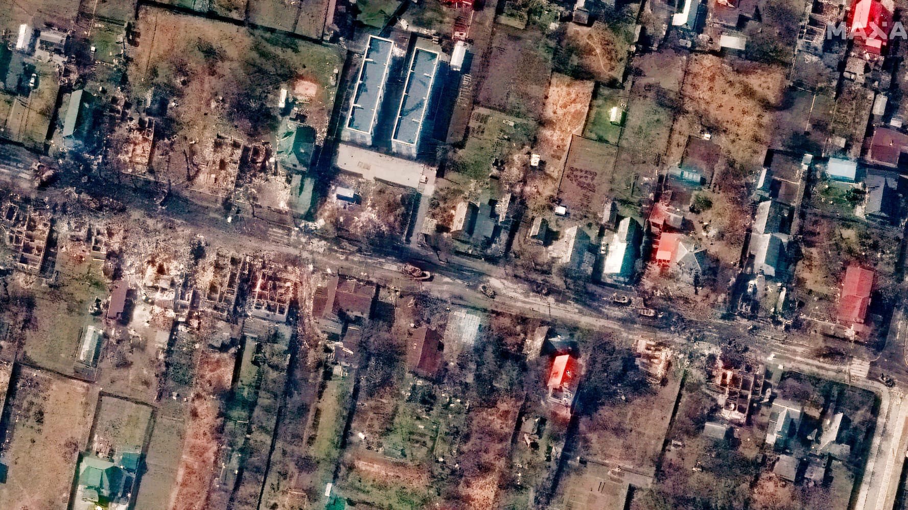 Satellitenbild von Butscha: In dem Vorort der ukrainischen Hauptstadt Kiew sind Hunderte Leichen gefunden worden.