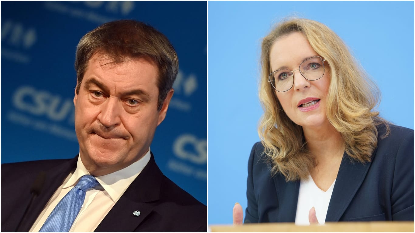 Markus Söder und Claudia Kemfert (Montage): Die Ökonomin sieht die Bilanz des bayerischen Ministerpräsidenten kritisch.