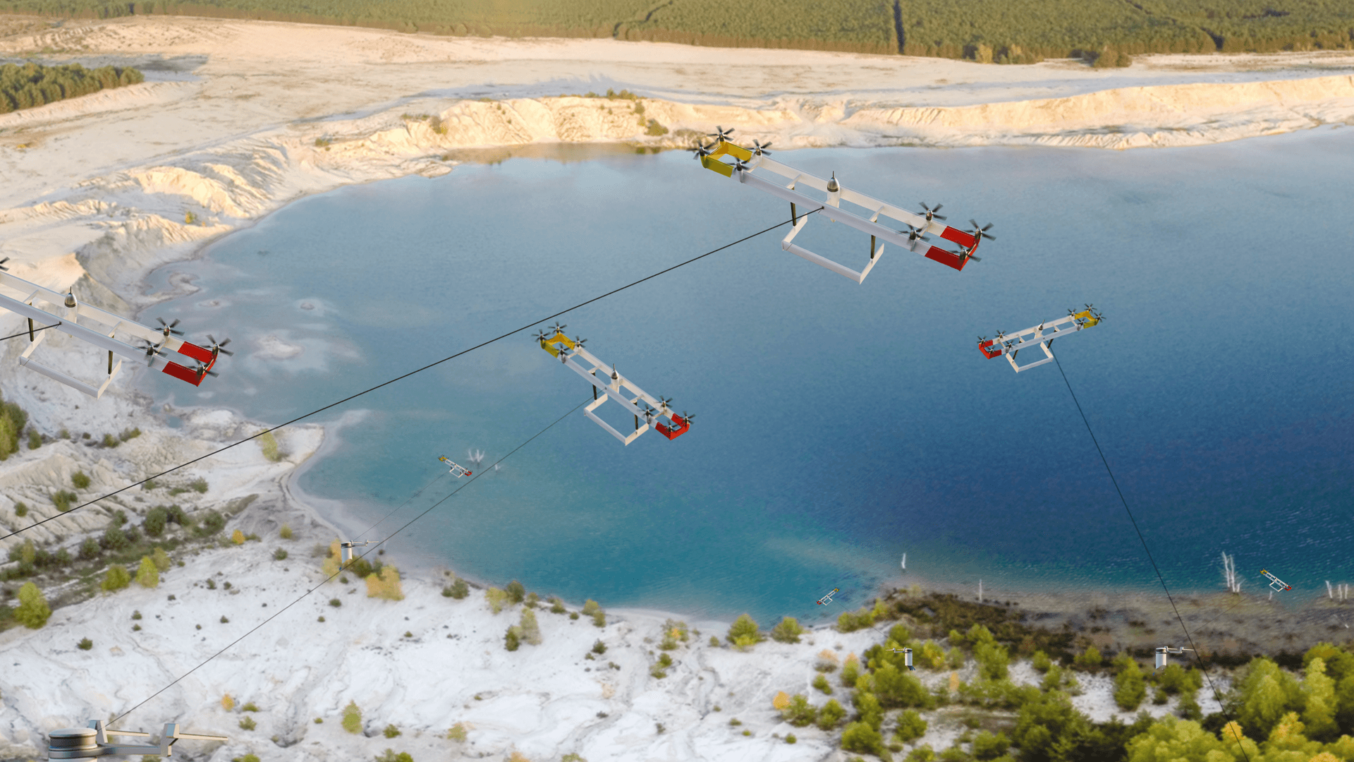 Prototypen von Kitekraft fliegen über einem Tagebausee (Montage): Die Münchner Ingenieure bauen ihre Drachen aus Aluminium. Das ist preiswert, haltbar und zu 100 Prozent recyclingfähig.