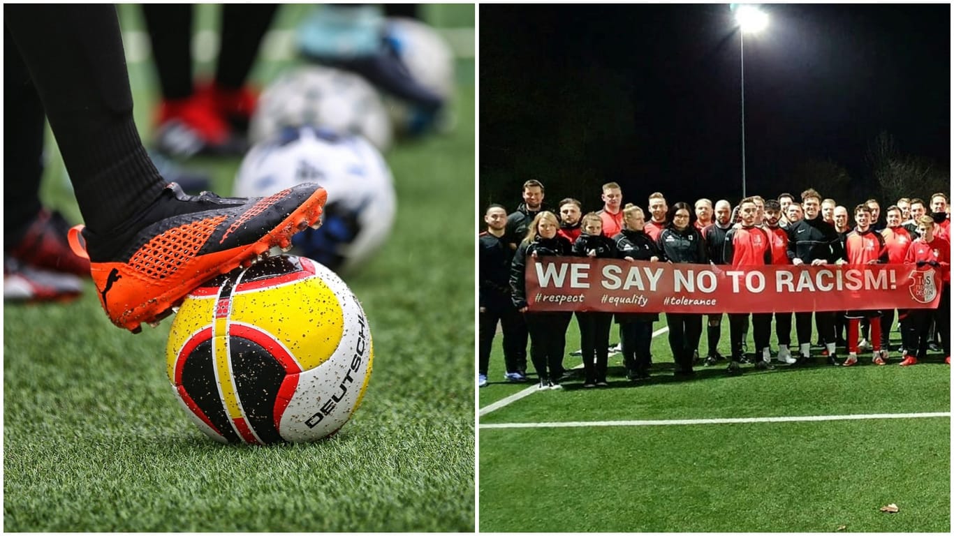 Ein Fußball und Mitglieder des TuS Deusen (Montage): Der Verein positioniert sich klar gegen Rassismus.