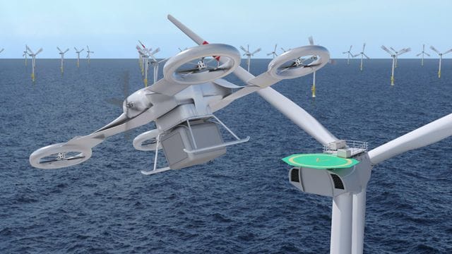 Grafik einer Offshore Logistik-Drohne und Landeplatz Grafik einer Offshore Logistik-Drohne und Landeplatz